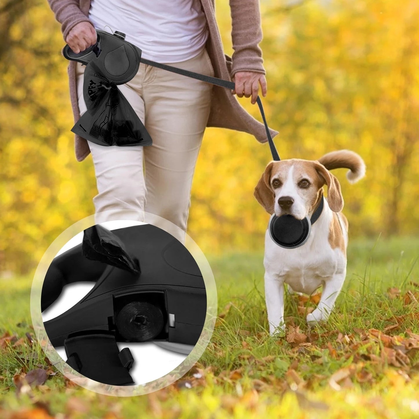 3-in-1 Dog Leash with Water Bottle, Bowl & Poop Bag Holder – Portable Walking Accessory